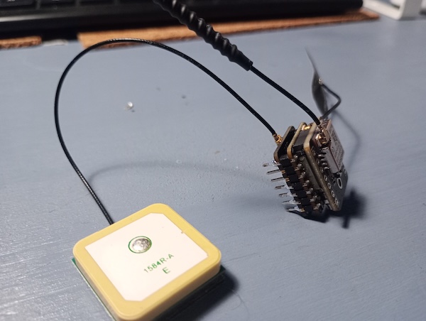 The finished article: a photo of the ESP32-S3 and L73K (as well as the LoRa board). The GNSS antenna is also visible